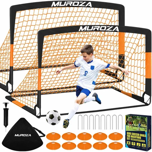 Portería de fútbol, juego de porterías de fútbol para niños para patio trasero, paquete de 2 redes de fútbol portátiles desplegables con pelota de