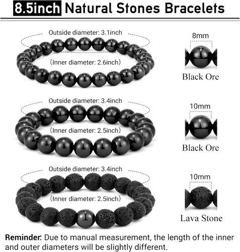 Miniatura 5 de HOBT Pulsera para hombre, pulsera elástica de ojo de tigre, pulsera de roca de lava negra, joyería para hombre, pulseras de cuentas de piedra