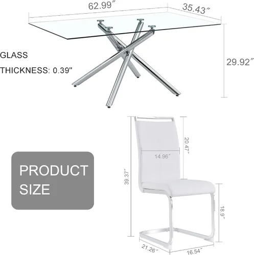 Miniatura 3 de Ebullient Juego de mesa de comedor de cristal de 63 pulgadas para 6 mesas de comedor modernas con parte superior de vidrio templado con 6 sillas