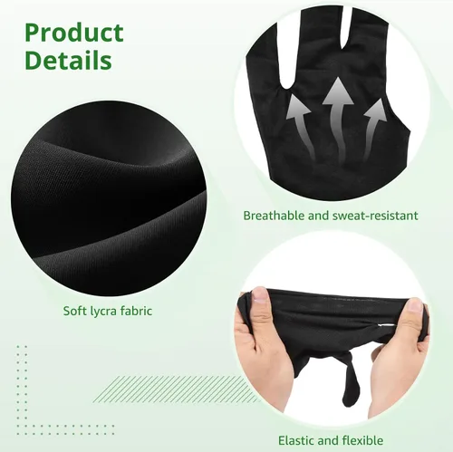 Miniatura 4 de OMISTAR 50 guantes de billar, guantes de piscina con 3 dedos, guantes para mano izquierda y derecha, guantes transpirables negros para hombres