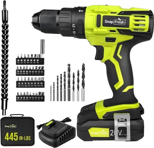 Miniatura 12 de SnapFresh Juego de taladro inalámbrico de 20 V, taladro eléctrico de 3/8 pulgadas con 2 velocidades variables, ajuste de par 21+1, LED, 43 brocas