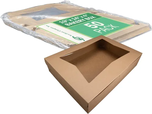 Southern Champion Tray 23133K caja para repostería de cartón de papel Kraft con cierre en las esquinas y ventana, 19" de largo x 14" de ancho x 4"