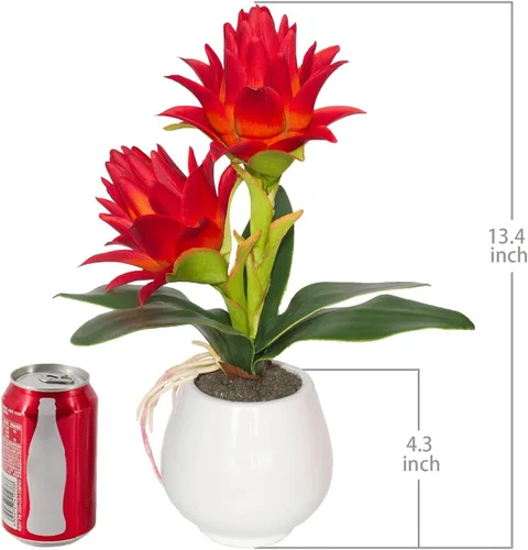 Miniatura 3 de Bromelia roja en maceta, flores artificiales con jarrón para decoración del hogar y la oficina, bonsái de planta tropical sintética estética, 13.4