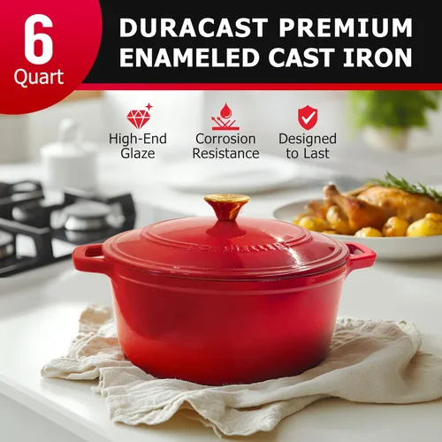 Miniatura 2 de Mueller Horno Holandés de Hierro Fundido Esmaltado de 6 Cuartos, Cazuela y Sartén para Estofar de Servicio Pesado con Tapa y Perilla, Seguro