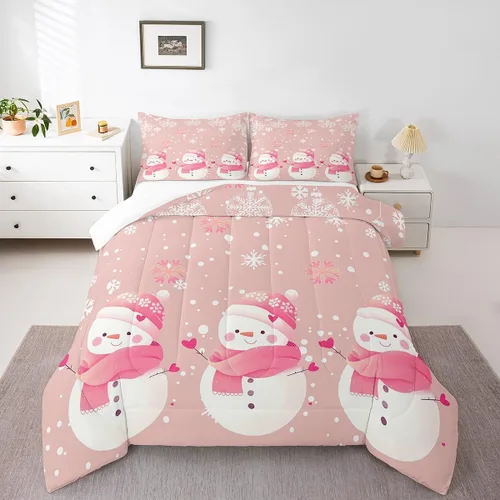 Miniatura 8 de Manfei Juego de edredón de Navidad, tamaño Queen, lindo muñeco de nieve, perros, copo de nieve, edredón con 2 fundas de almohada, juego de ropa