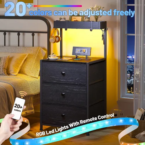 Miniatura 3 de EnHomee Mesita de noche alta con estación de carga y mesita de noche LED con 3 cajones, mesa de noche con cajones y tomas de corriente, mesita