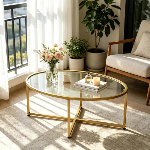 Miniatura 5 de Wolawu Mesa de centro ovalada dorada de vidrio para sala de estar, mesas de té modernas con marco de metal dorado para espacios pequeños, mesa