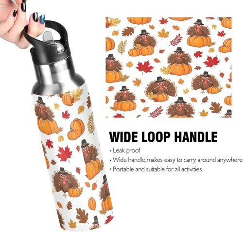 Miniatura 4 de BPA-Free Sport Water Bottle Insulated 20 Oz, Stainless Steel Vacuum Insulated Water Bottle for Gym Outdoor Travel School, Cartoon Turkeys Hats
