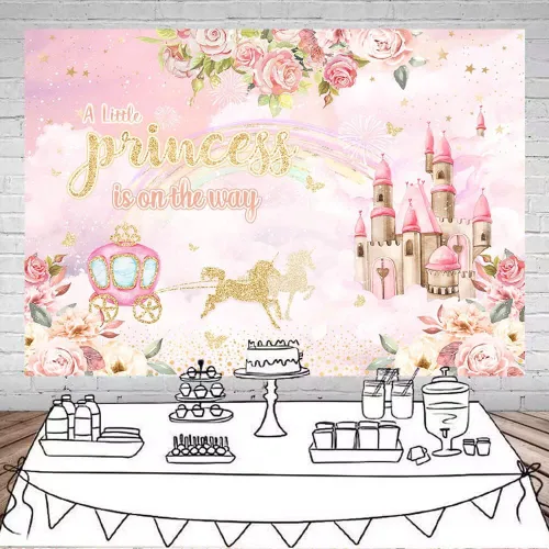 Miniatura 2 de Mocsicka Telón de fondo de princesa para baby shower, decoración de carruaje de castillo floral para niña, castillo rosa, una pequeña princesa está