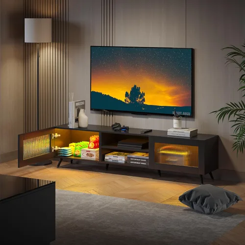 Miniatura 6 de HedoAjim Soporte de TV negro para televisores de 32 a 70 pulgadas, centro de entretenimiento con 2 puertas acrílicas, mesa consola multimedia de 58