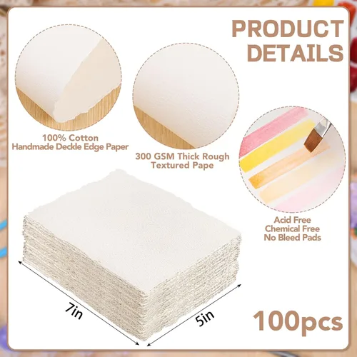 Miniatura 2 de 100 Hojas de Papel para Acuarela 5 x 7 Pulgadas, 300 GSM Papel con Bordes Rugosos Papel Texturizado Hecho a Mano para Acuarelas, Invitaciones