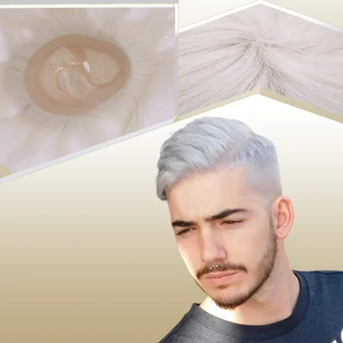 Miniatura 10 de Toupee para hombres sistemas de reemplazo de cabello humano real europeo para hombres, postizos finos, centro de encaje, piel más gruesa, pieza