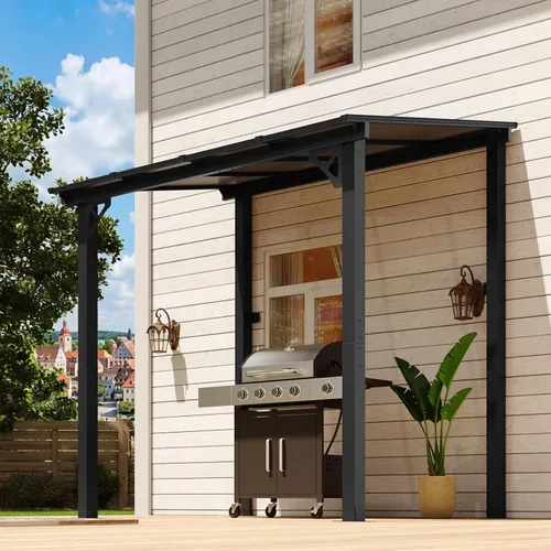 Miniatura 5 de Aoxun Pérgola de 8 x 5 pies para patio, cenador con techo inclinado, pérgola para parrilla grande montada en la pared, toldos resistentes
