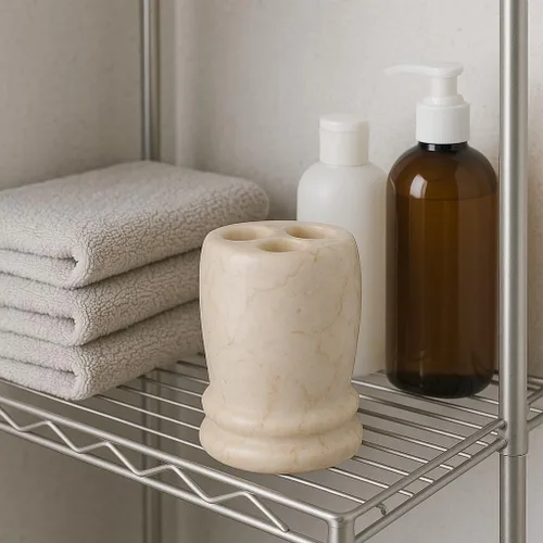 Miniatura 4 de Creative Home Organizador de cepillos de dientes de mármol beige natural, redondo, 3 ranuras, para encimera de baño, soporte para cepillos