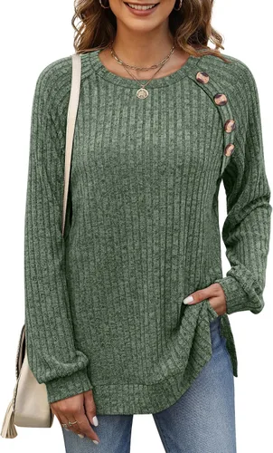 Miniatura 2 de Bofell Camisas de manga larga para mujer, cuello redondo, estilo casual, con botones, con abertura lateral