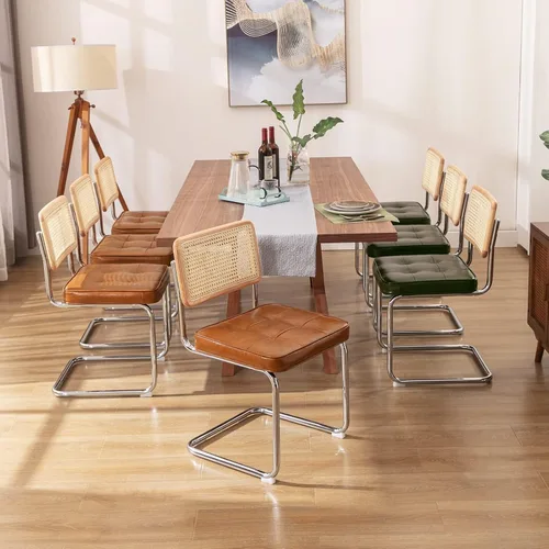 Miniatura 6 de Zesthouse Juego de 6 sillas de comedor de ratán natural, sillas modernas de comedor con respaldo de madera maciza para cocina y sala de estar, Cuero