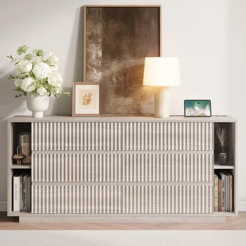 Whalefall Fluted 6 Drawer Dresser with Shelves, 63'' Wide 17.7'' Depth Large Chest of Drawers for Bedroom, Modern TV Stand, Wood Closet Storage