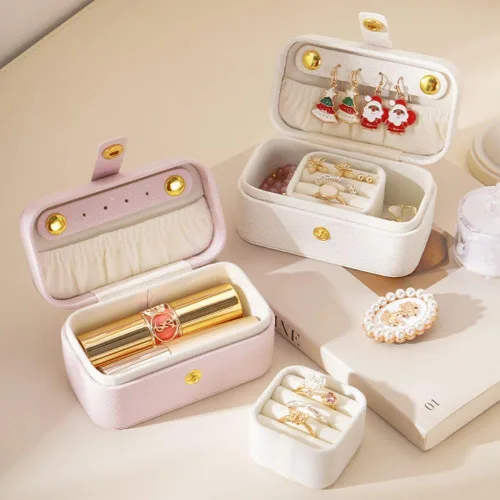 Miniatura 3 de Joyero de viaje de piel sintética, mini organizador de joyería, tamaño de viaje, artículos esenciales de viaje para lápiz labial, anillo, colgante