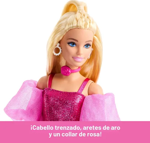 Miniatura 4 de Muñeca Barbie Deluxe Estilo #5 en atuendo rosa metálico, cabello rubio, corsé brillante y pantalones brillantes con accesorios como collar de rosas