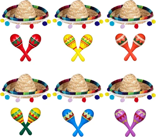 Miniatura 2 de Honoson 12 piezas de maracas de madera para fiesta, 6 mini sombreros de Cinco de Mayo, sombrero mexicano de copa para decoración de fiesta