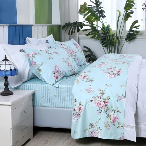 Miniatura 115 de FADFAY Juego de sábanas tamaño King, 100% algodón, elegante ropa de cama de granja con hojas verdes menta y flores blancas, sábana suave
