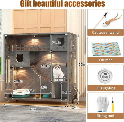 Miniatura 3 de Condominio cerrado para gatos, jaula para gatos de gran espacio con poste rascador, recinto de madera para gatos para interiores y exteriores, casas