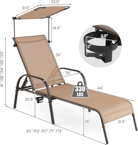 Miniatura 3 de Byroce - Sillón de patio con toldo, tumbona para exteriores con respaldo ajustable de 5 niveles, brazos y portavasos, silla reclinable de metal