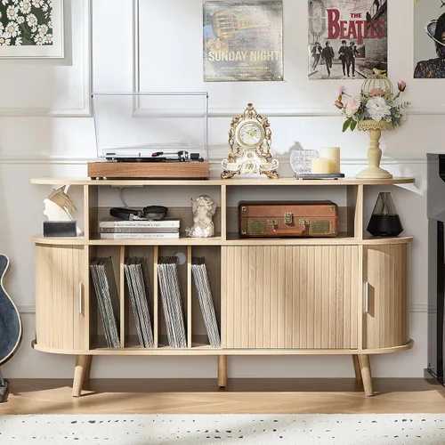 Miniatura 10 de LELELINKY - Soporte grande redondo para tocadiscos con estación de carga y estante de exhibición acanalado, gabinete para tocadiscos color negro