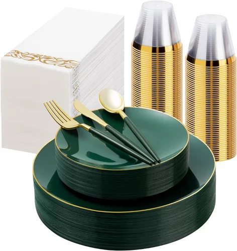 175 Piezas Juego de Vajilla de Plástico Verde Dorado, Platos Desechables Dorados para Fiesta, Incluye 50 Platos Verdes con 75 Cubiertos de Plástico,