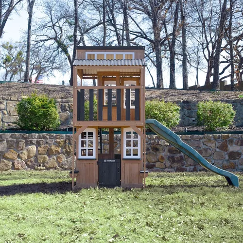Miniatura 3 de KidKraft Cliffbrook - Casa de juegos de madera para exteriores de dos pisos con tobogán