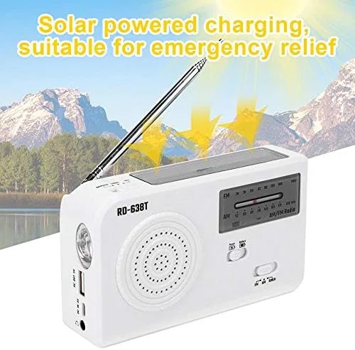 Miniatura 5 de Radio FM solar portátil, linterna LED de emergencia multifuncional de 3 vías, radio FM/AM y cargador de teléfono celular, perfecto para exteriores