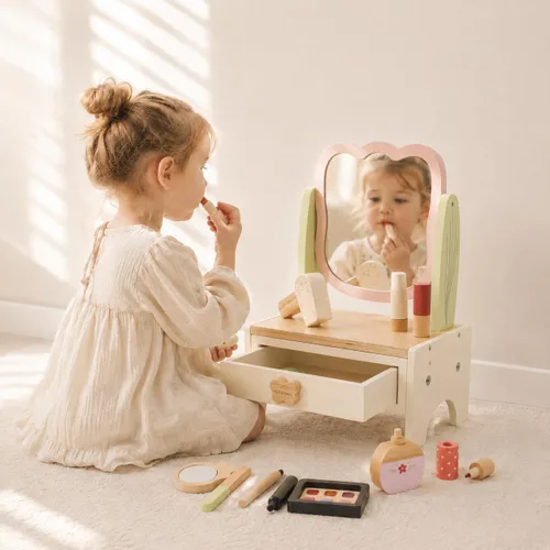 Miniatura 6 de Juego de maquillaje de madera para niños, juego de salón de belleza con espejo giratorio y espejo pequeño desmontable, juguetes de mesa de tocador
