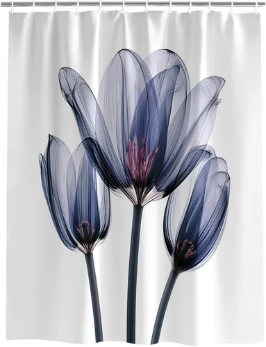 Miniatura 2 de Cortina de ducha, fotografía abstracta de tulipanes de flores azules transparentes, juego de cortina de ducha de tela impermeable con 12 ganchos