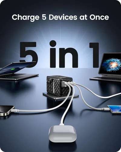 Miniatura 5 de LENCENT Adaptador de viaje universal de 120 W, adaptador de viaje internacional GaN con 3 puertos USB-C 1 USB-A, cargador rápido mundial para Negro