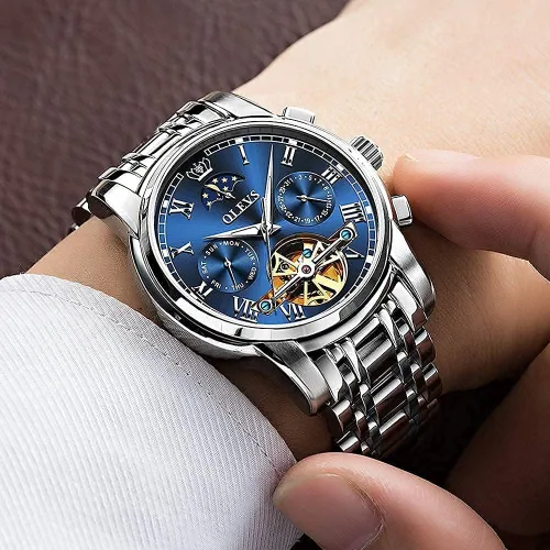 Miniatura 3 de OLEVS reloj mecánico automático, reloj de cuerda automático de lujo para hombre a prueba de agua, acero inoxidable.