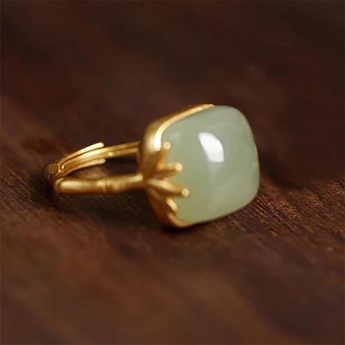 Miniatura 5 de Anillo de bambú verde vintage de jade hetian para mujer, delicado estilo chino, hecho a mano, con piedras preciosas ajustables, banda de dedo