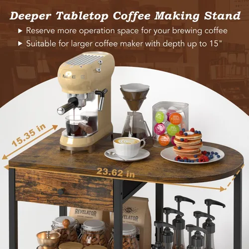 Miniatura 2 de VINAEMO Estación de café con ruedas y cajón de almacenamiento, soporte de mesa grande de 15.35 pulgadas de profundidad para cocina, oficina, sala