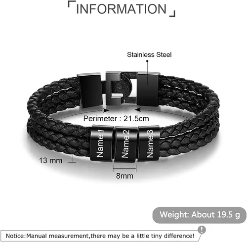 Miniatura 2 de Pulseras personalizadas con nombre para hombre, pulsera de cuero trenzado personalizada con 1-8 nombres grabados, pulsera con nombre personalizado