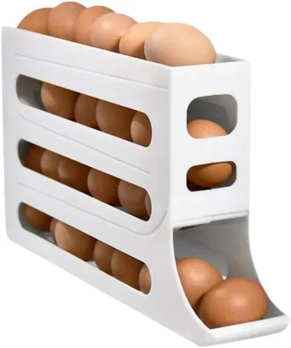 Soporte para huevos con ruedas automáticas para refrigerador, estante organizador de refrigerador (blanco)