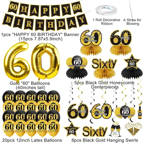 Miniatura 2 de Turypaty Kit de 36 decoraciones de cumpleaños 60 para hombres y mujeres, globos de feliz cumpleaños de 60 años de color negro y dorado con diseño