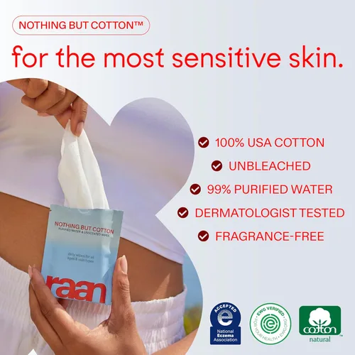 Miniatura 2 de Raan, 100% algodón, 99% agua purificada, toallitas limpiadoras faciales y corporales, sin fragancia, sin blanquear, hipoalergénicas, verificadas por