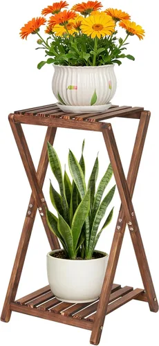 Soporte para plantas de interior, soportes de madera de 2 niveles para plantas, estante cuadrado de esquina, soporte rústico para flores, soporte