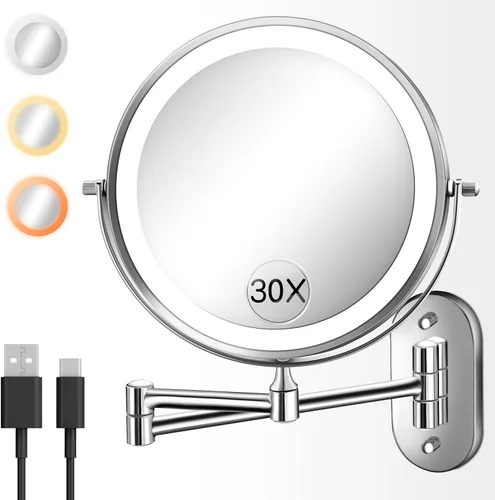 Miniatura 8 de Espejo de maquillaje montado en la pared con luz, 20X/1X 20,3 cm espejo doble cara LED con aumento para baño, espejo de tocador iluminado