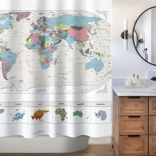 Miniatura 4 de Cortina de ducha con mapa del mundo de Sunlit con detalles de grandes ciudades. Tela repelente al agua libre de PVC, no tóxica y sin olor - Gran