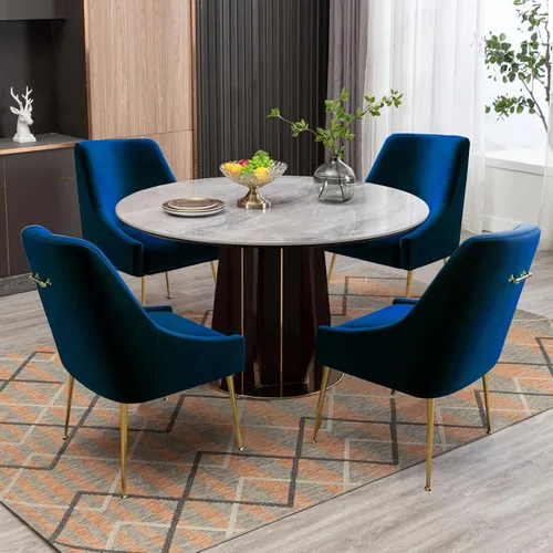 Miniatura 4 de Juego de 2 sillas de comedor modernas de terciopelo, colección de muebles tapizados contemporáneos con patas de metal dorado pulido, elegantes