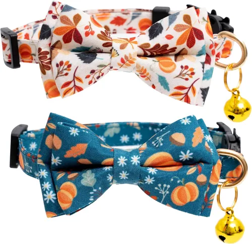 Miniatura 14 de Faygarsle Paquete de 2 bonitos collares de gato de temporada para Halloween y otoño, collar separable con cascabeles, corbatín, bonitos patrones