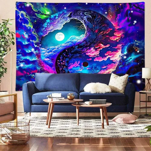 Miniatura 5 de Aidatain Tapiz de cielo colorido de fantasía, luna, nebulosa deslumbrante, Yin y Yang, tapiz de pared, grande de 80 x 60 pulgadas, tela de franela