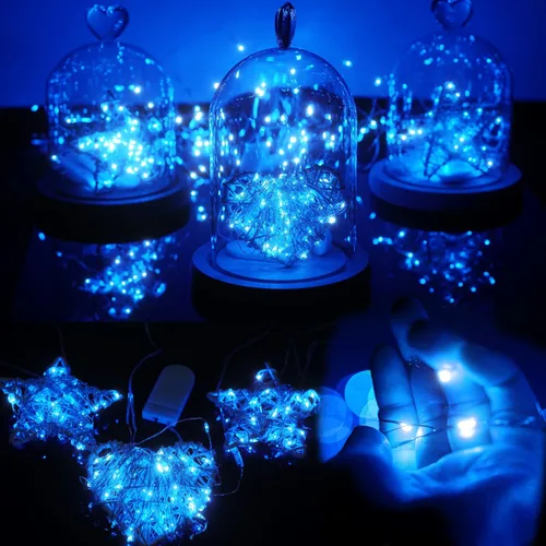 Miniatura 8 de SmilingTown 15 paquetes de luces de cadena de hadas, 6.6 pies, 20 luces LED, funciona con pilas, alambre de cobre plateado, luces de cadena Azul