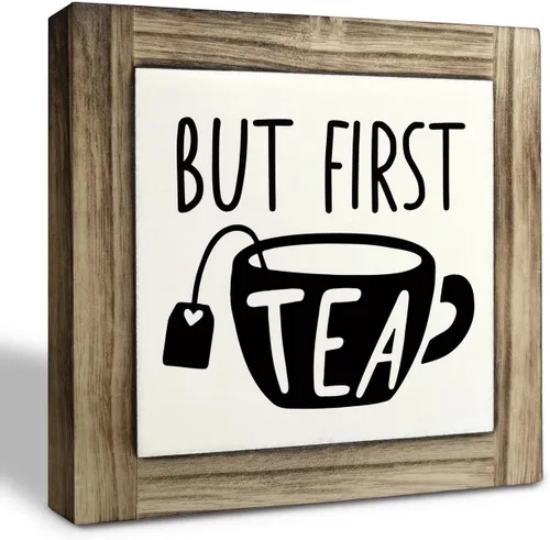 Letrero de placa de madera de té, pero primer té, caja de placas de madera, decoración de escritorio, placa de madera vintage para cocina,
