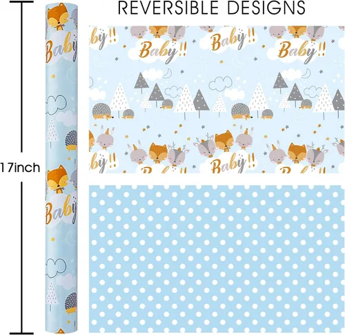 Miniatura 2 de Homeral Rollo de papel para envolver regalos azul para baby shower - Rollo mini - 17 pulgadas x 16.5 pies - Juego reversible de papel de regalo